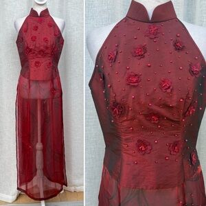 Burgundy Red taffeta & organza roses cheongsam sleeveless sheer skirt dress